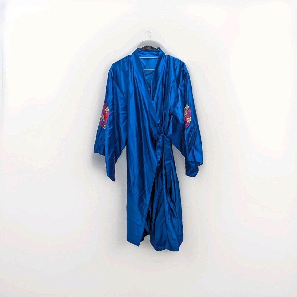 Blue Silky Kimono Robe‎ With Red & Yellow Embroidered Rose Design